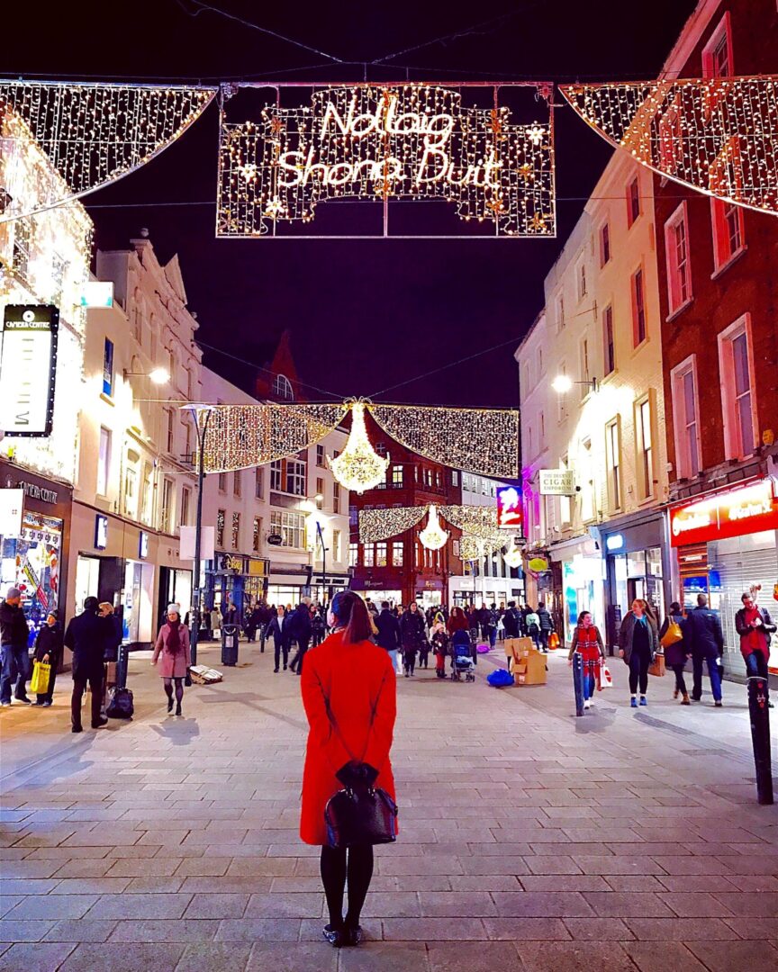 Exterior Night time photo of Christmas decorations on Grafton street in Dublin, Ireland - Nollaig Shona Duit