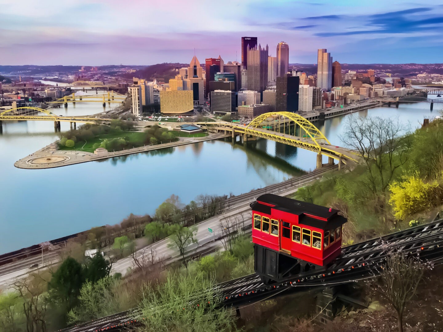 Dusk city Scape of Pittsburgh Pennsylvania at the confluence of the Ohio, Monongahela and Allegheny rivers
