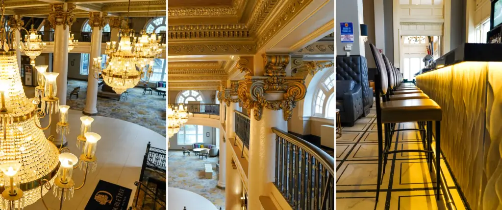 Interior photos of chandeliers and the amber bar at the Hotel Utica