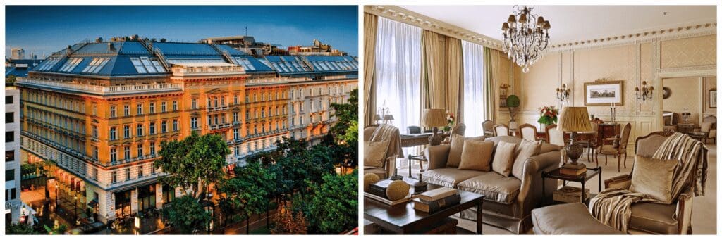 Exterior photo of Grand Hotel Wien in typical Viennese 19th century architecture and photo of the interior Grand Hotel Premium suite decorated in luxurious couches, leather chairs and heavy drapes