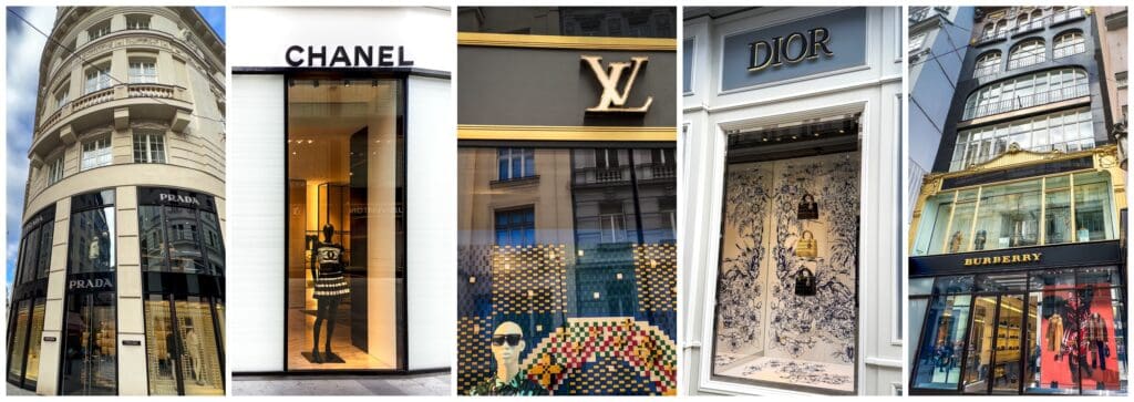 Store facades of Prada, Chanel, Louis Vuitton, Dior and Burberry in Vienna’s upscale shopping street in the 1st District, Kaerntnerstrasse