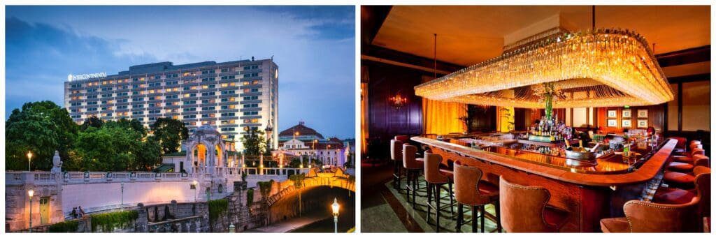 Twilight photo of InterContinental Vienna at the Stadtpark with evening lights and interior photo of the rectangular Intermezzo bar with gleaming crystal chandelier ceiling and stylish leather seating.