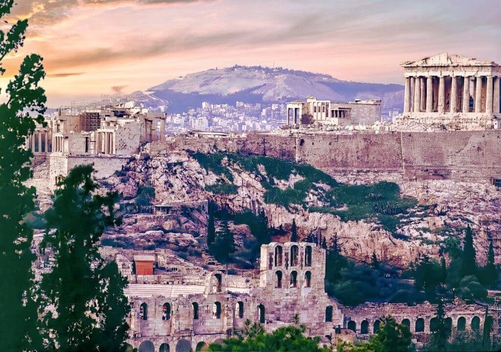 The most famous landmark in Greece is the Parthenon on the Acropolis of Athens viewed here during a moody sunset