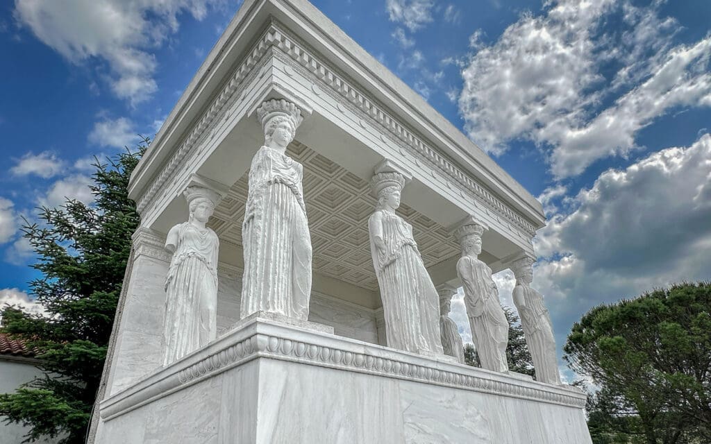 Marble copies of the Caryatids of the Acropolis off the beaten path in Karyes, Peloponnese