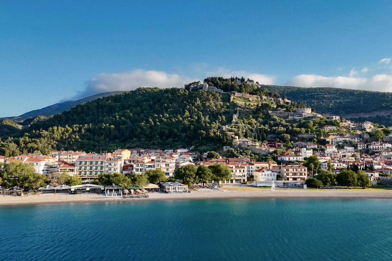 Beach and hotels city view of Nafpaktos