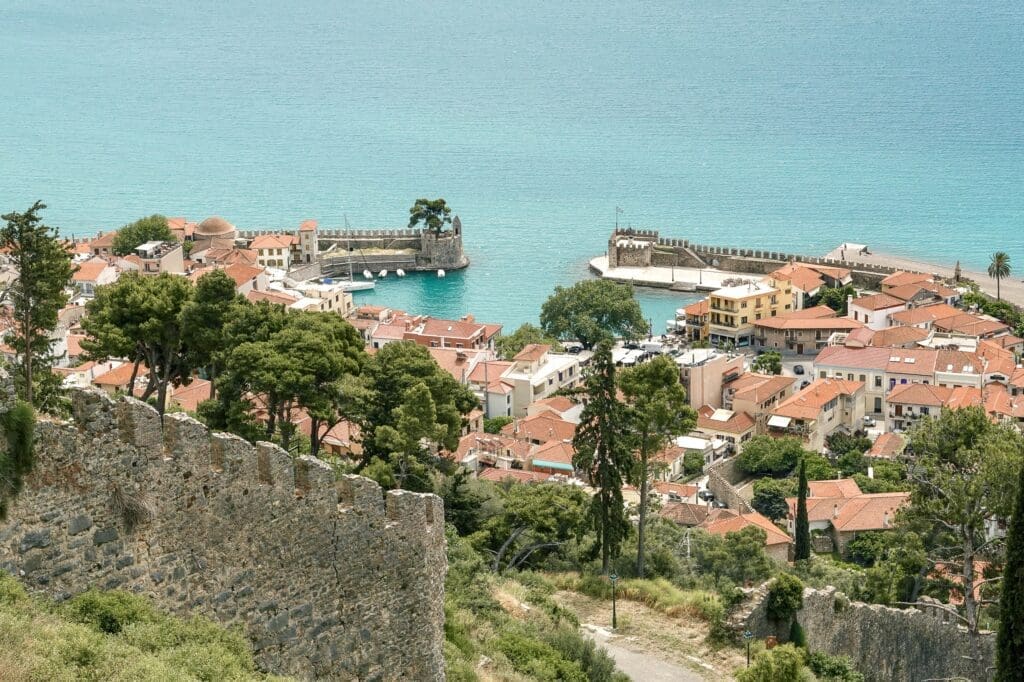 View of Nafpaktos walls and port of the bottom two tiers of the town where most hotels are.